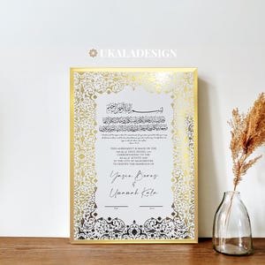 Contrato Nikkah personalizado en lámina de oro, Nikah Nama, certificado de matrimonio musulmán personalizado, recuerdo, regalo de boda para la novia/el novio 1