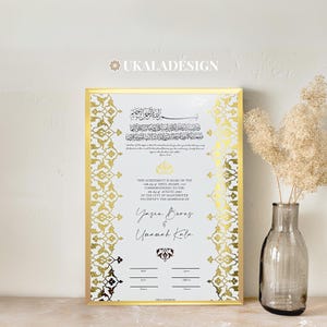 Contrato Nikkah personalizado en lámina de oro, Nikah Nama, certificado de matrimonio musulmán personalizado, recuerdo, regalo de boda para la novia/el novio 2