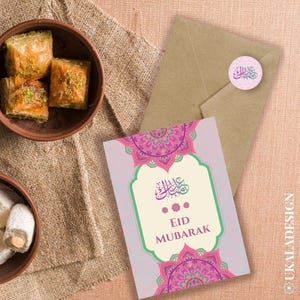 Cartes de l'Aïd Mubarak, carte de voeux de célébration musulmane/islamique/impression, joyeux Aïd, Bayram - avec autocollants assortis - rose