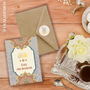 Cartes de l'Aïd Mubarak, carte de voeux de célébration musulmane/islamique/impression, joyeux Aïd, Bayram - avec autocollants assortis - bleu
