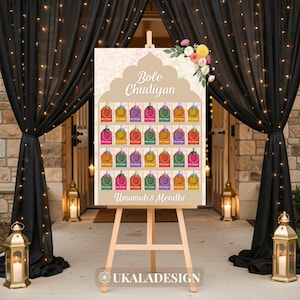 May include: A wooden easel supports a sign with the text "Bole Chudiyan" and "Umamah's Mendhi." The sign showcases colourful tags. The backdrop includes black curtains, fairy lights, and lanterns, creating a celebratory ambiance.