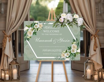 Green - Wedding Welcome Sign – Personalised Foamboard for Reception, Nikah, Walima, Muslim Marriage, Custom Entrance Décor - Landscape