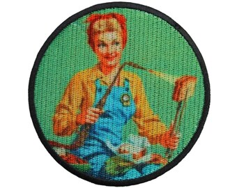 Lady Toasting a Sandwich with Oxy Torch Embroidered and Printed Iron on Patch for Welding Woman and Iron Woman