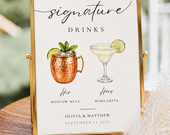 Letrero para menú de bebidas de boda, letrero personalizado para barra de cócteles, bebidas para él y para ella, plantilla editable de Canva, descarga instantánea, digital