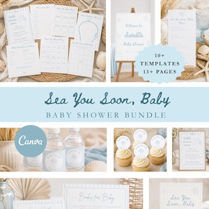 Editable Canva Sea You Soon Baby Shower Template Bundle, Coastal Beach Baby Shower Invitation, Games & Activities, Signs, Menu, Digital