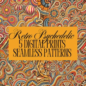 Peut inclure: Impression numérique vibrante avec un design rétro psychédélique. Motifs tourbillonnants aux couleurs orange, rouge, bleu et jaune. Le texte "Retro Psychedelic 5 Digital Prints Seamless Patterns" est sur un fond orange.