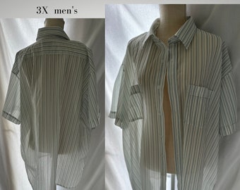 Men's sheer button up 3X - White w/green pin stripes - Vintage Sheer oversized Blouse lightweight & airy - Eco-friendly shop