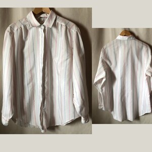 80's Delicate White Blouse w/pink & purple pin stripes/Poofy shoulders/Sophisticated Concealed Placket /Very feminine/Cottage Core Vintage
