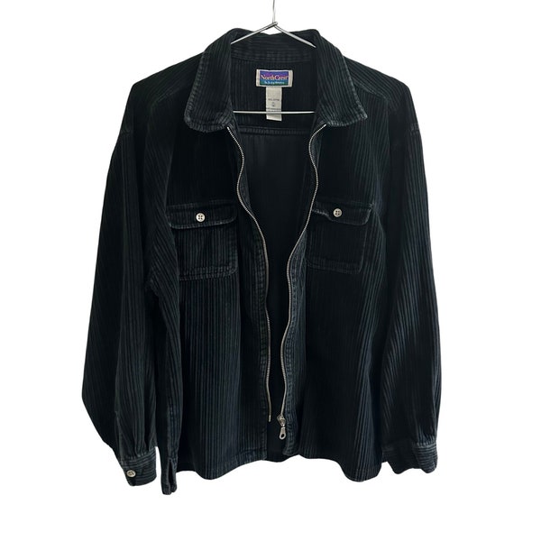 Black Corduroy Jacket - XL Women's Cropped Jacket 90s Vintage Corduroy Zipper front w/Chest Pockets - Eco-friendly vintage Shop