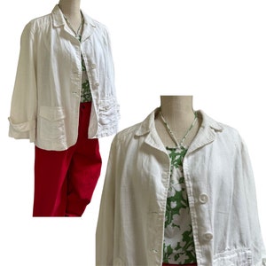XL Women&#39;s Linen Jacket Large Buttons - White Linen Cropped jacket 3/4 sleeve Front Pockets - Eco-friendly Vintage Clothing shop