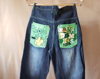 90's baggy HipHop Jeans 30x29 - POWER JEANIUS Akademiks Green pockets with intense embroidery - Like New Vintage