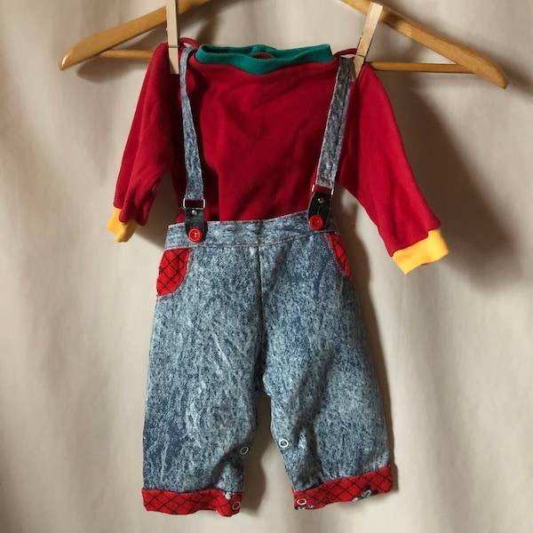 90's Baby Bibs/Baby pants with suspenders/Acid wash denim pants/red Flannel trim on pant leg cuffs/Vintage Disney Kids 1990's Vintage Kids