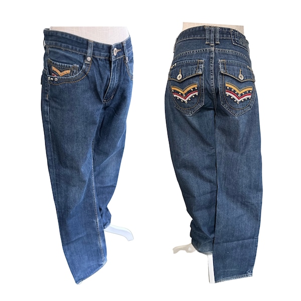 Vintage Jeans W30" L30.5" Pepe Jeans London - Wide leg Yellow & Red Embroidered pockets Silver Stud accents - Eco-friendly shop