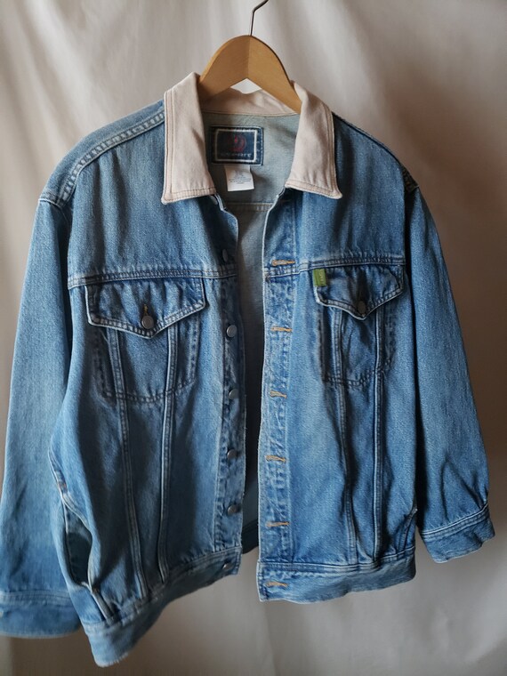 SML RENEWED VINTAGE Denim Vest All Eyes On Me Green Dyed Acid Washed Gold Fringe Oversize Grunge Punk Alternative Unique