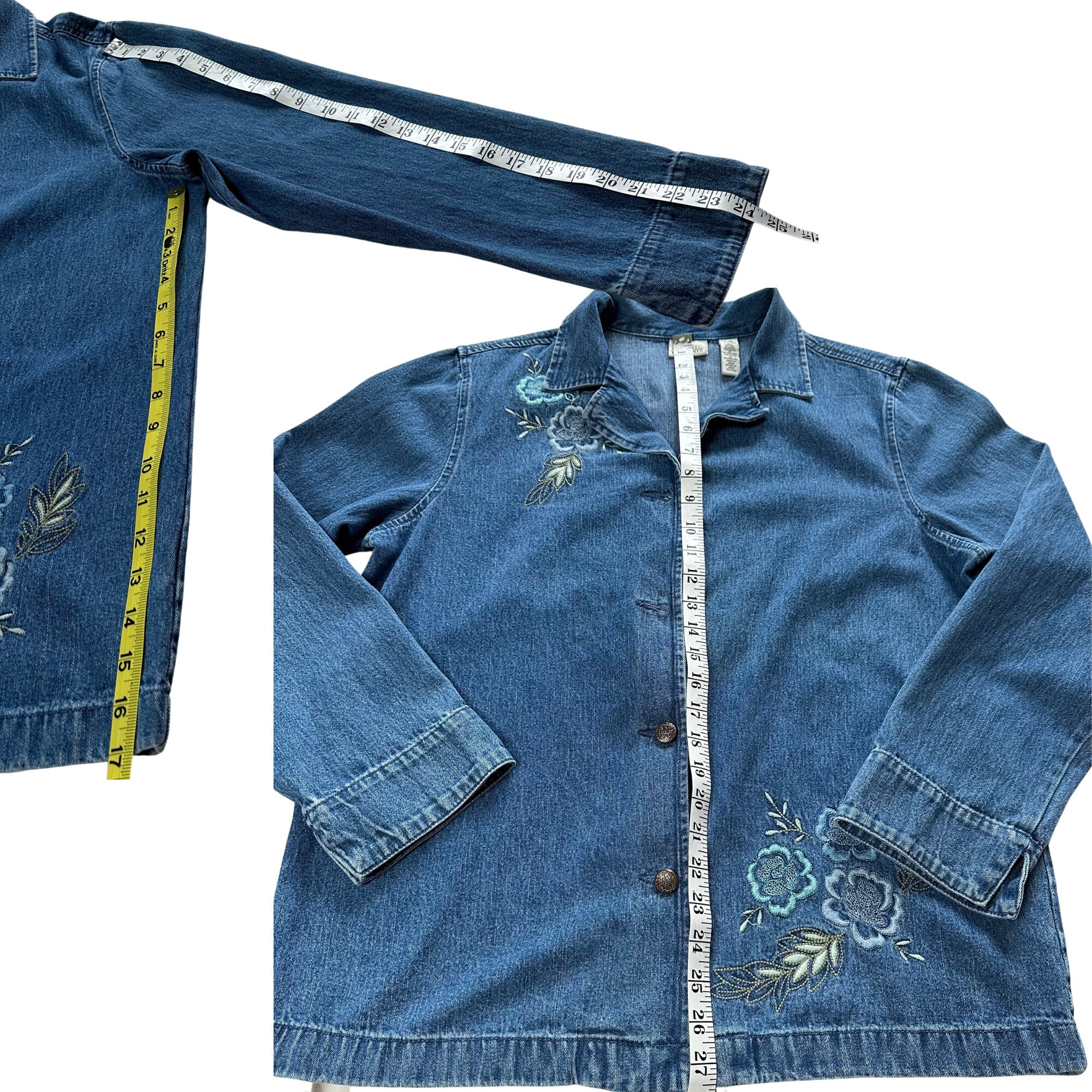 80's Denim Jacket L Blue Embroidered Floral Accents 100
