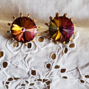 Boucles d&#39;oreilles vintage AB grandes 3/4&quot; Aurora Borealis émaillé ton naturel/Clip on AB boucles d&#39;oreilles/Ronde AB émail serti de griffes/Boucles d&#39;oreilles Vtg