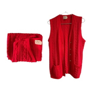 Vintage Sweater L Red cable knit 70s Raje Ltd. - Women&#39;s Vintage Clothing Shop