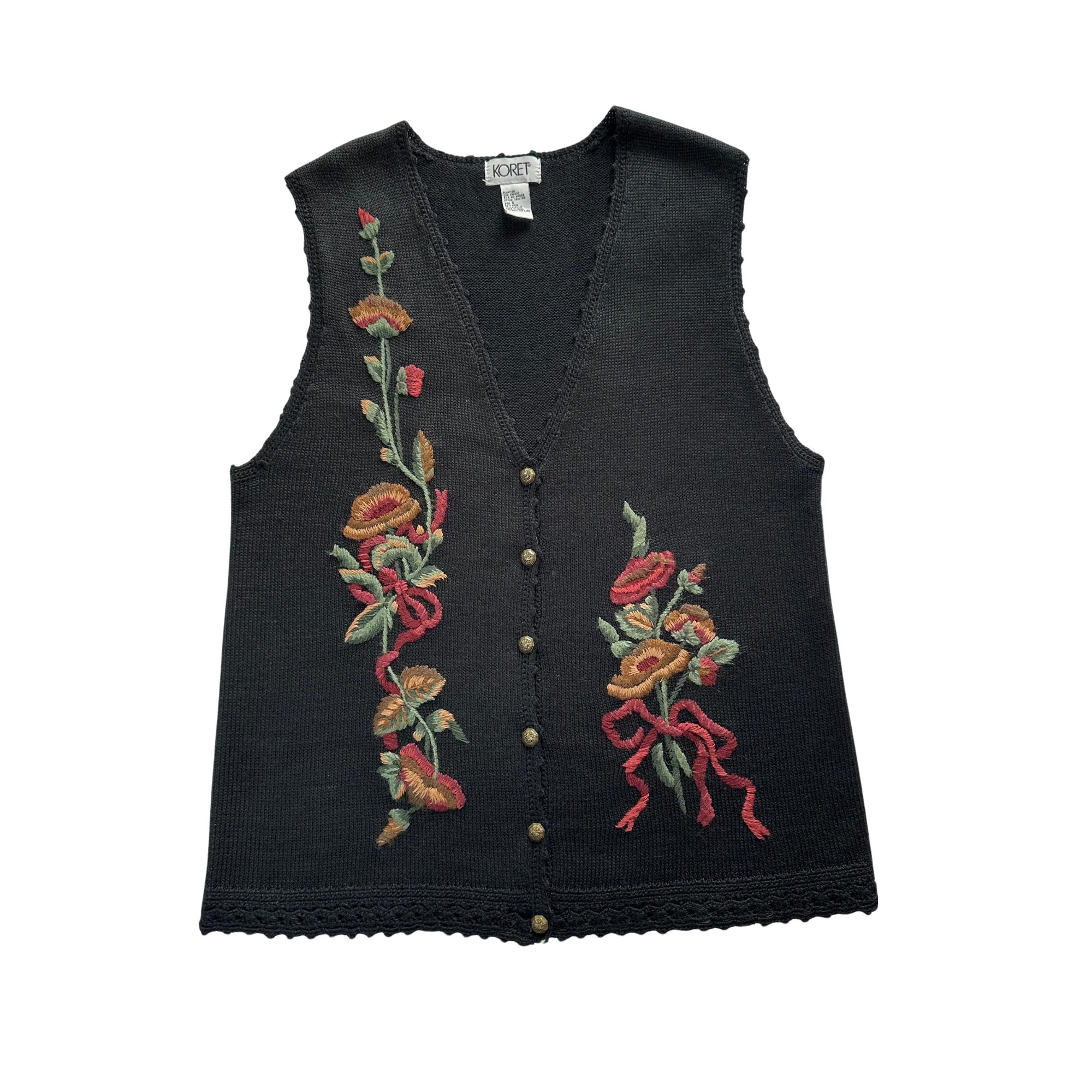 Embroidered Sweater Vest - Floral Embroidery on Front - Earth