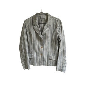 Women&#39;s Blazer 18W Blue & Beige striped jacket Beige Buttons - Eco-friendly vintage clothing shop