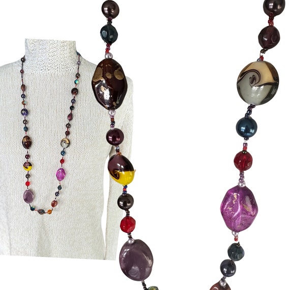 Collier Long Perles Multicolores - Années 2000, Occasion, Style Bohème Ou Chic