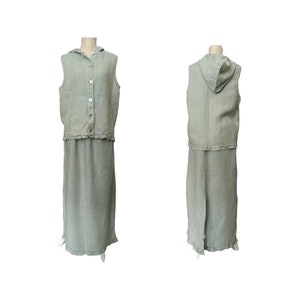 Vintage Linen Skirt/Vest set - Seafoam color Ruffled accents Shell buttons - Maxi Skirt & Hoodie Vest - Eco-friendly vintage Shop