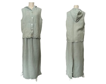 Vintage Linen Skirt/Vest set - Seafoam color Ruffled accents Shell buttons - Maxi Skirt & Hoodie Vest - Eco-friendly vintage Shop