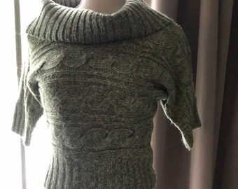 Vintage Cropped Cable Knit Sweater – Green Chunky Cowl Neck, Size Medium