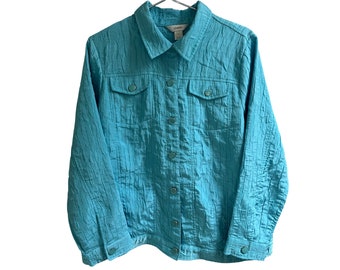 Women's Jacket 1X Silky Textured Turquoise - Enamel buttons & Silver accents - Eco-friendly vintage clothing shop