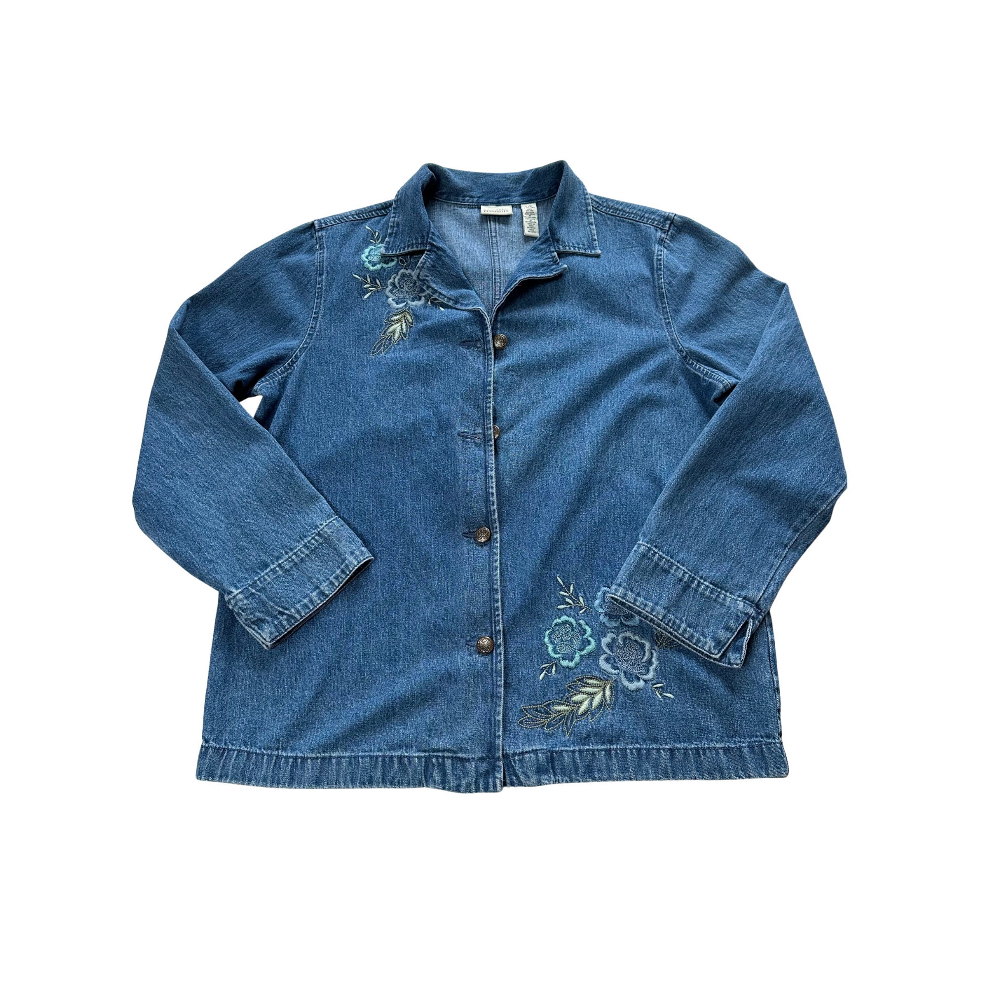 80's Denim Jacket L Blue Embroidered Floral Accents 100