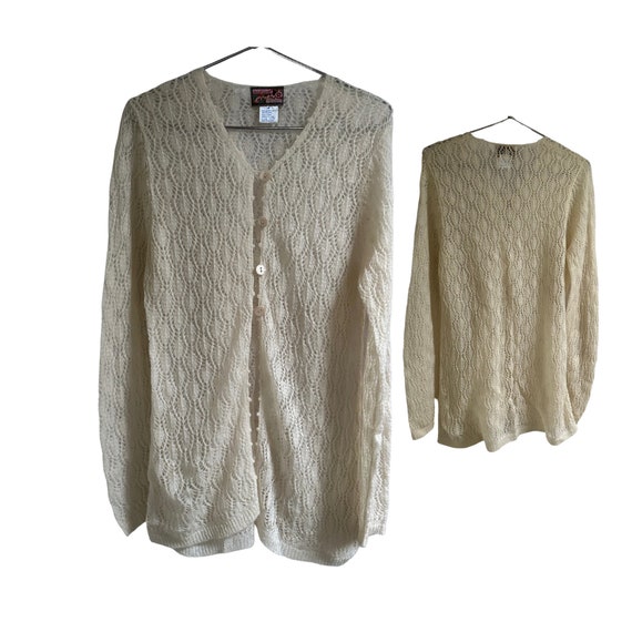 Lace Sweater M - wool blend Knit Cardigan/Elegant… - image 1