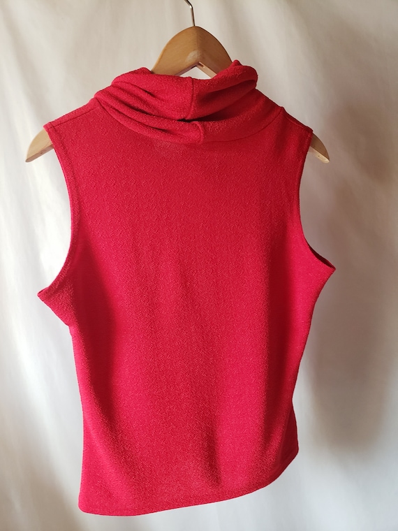 Silky red sleeveless blouse, loose Turtleneck, Ve… - image 3