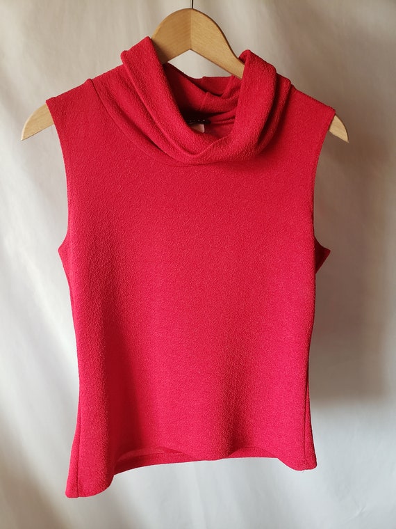 Silky red sleeveless blouse, loose Turtleneck, Ve… - image 2