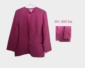 Vintage 80s Silk Jacket – Fuchsia Pink, Size 14, Shoulder Pads