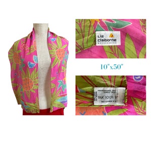 Silk Scarf oblong 10&quot;x50&quot; Hot Pink - Abstract fruit Pineapple Pattern - Vintage Liz Claiborne