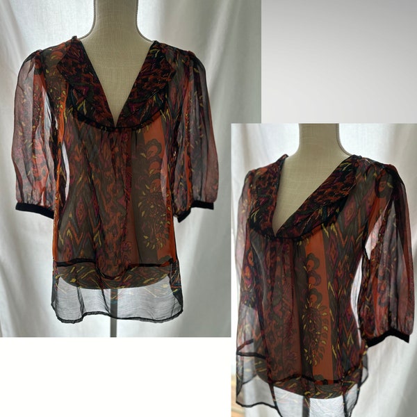 90's Sheer blouse L - Puff sleeves - multicolored print - black buttons & trim - Women's Large sheer boho Blouse - Eco-friendly shop