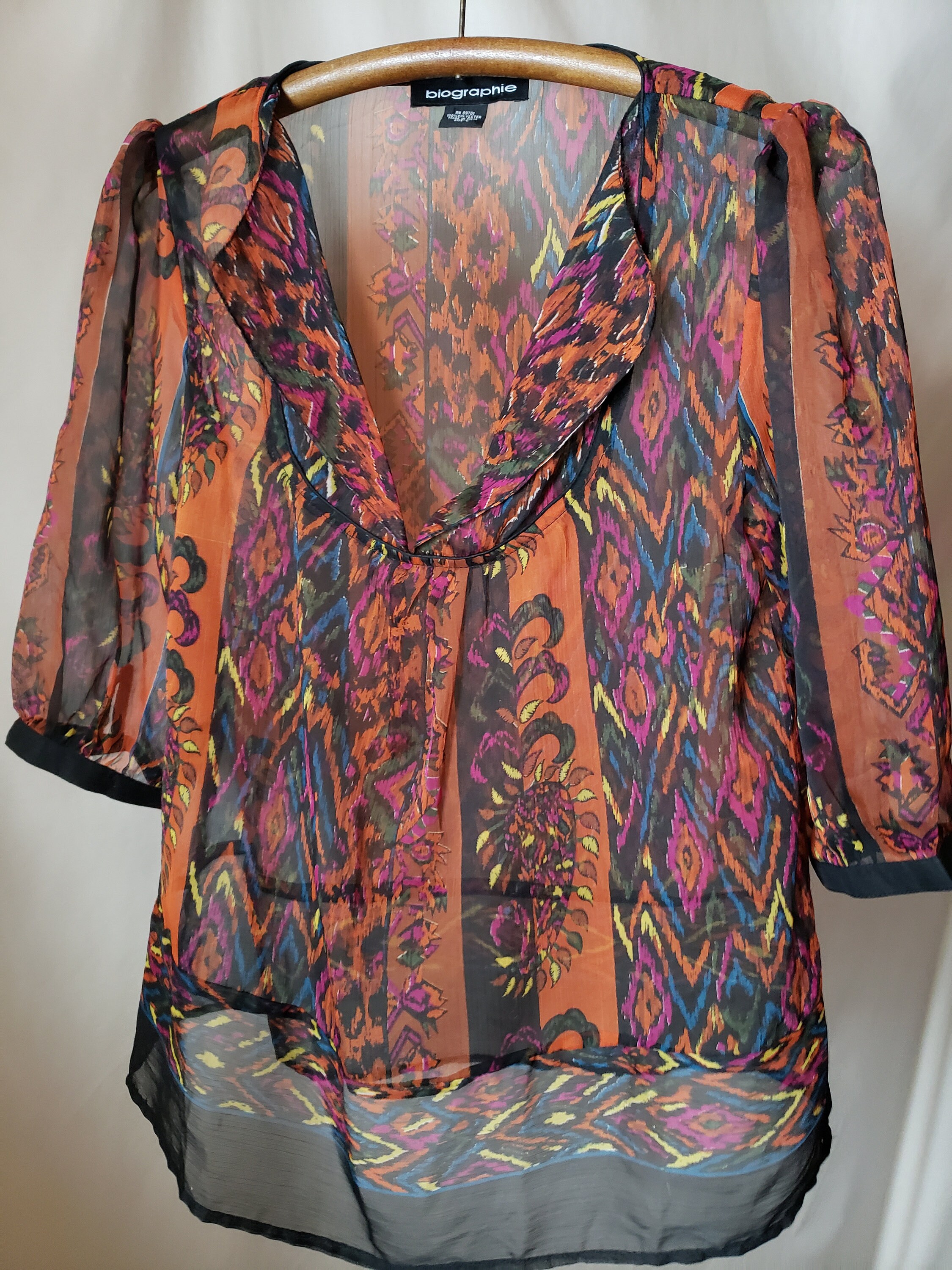 90's Sheer Blouse L Puff Sleeves Multicolored Print Black Buttons ...