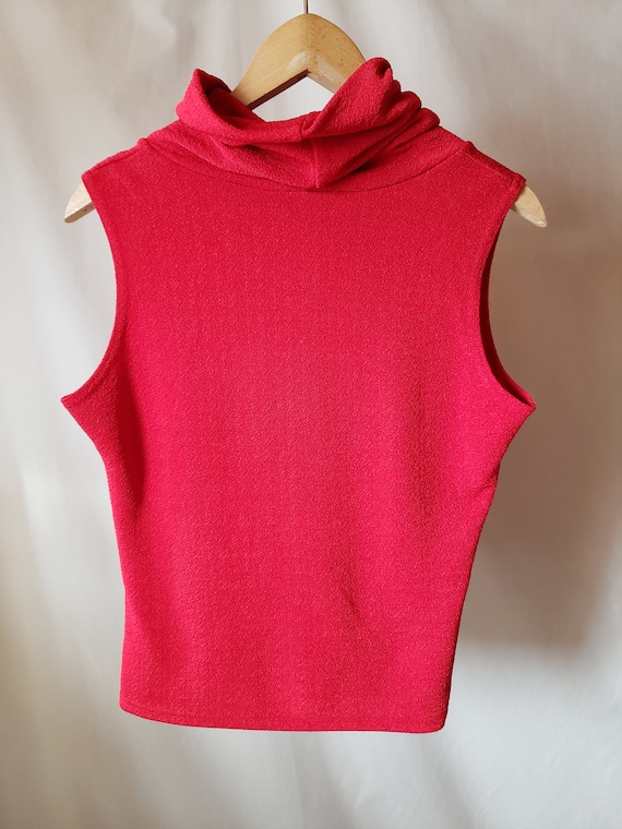 Silky red sleeveless blouse, loose Turtleneck, Ve… - image 4