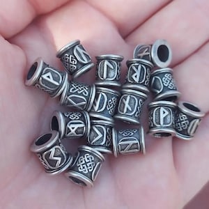 925 Silver Viking Beard Beads with Futhark Runes - Dwarven Beard Ring, Asatru Celtic Jewelry, Norse Hair Bead & Leather Bracelet Beads