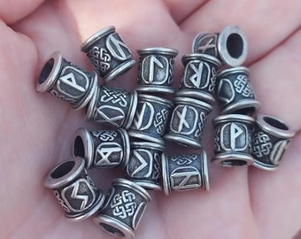925 Silver Viking Beard Beads with Futhark Runes - Dwarven Beard Ring, Asatru Celtic Jewelry, Norse Hair Bead & Leather Bracelet Beads
