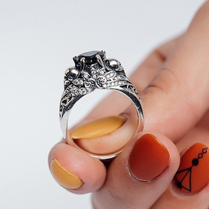 Gothic Black Stone Skull Ring | Sterling Silver, Gold Plated | Alternative Wedding Jewelry, Dark Romantic Gift