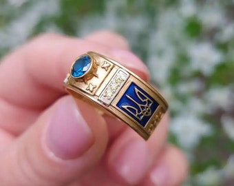 Ukrainian Tryzub Ring – Enamel Blue and Yellow Gemstone Ring – National Symbol of Ukraine – 925 Silver or 14k Gold plated Patriotic Jewelry