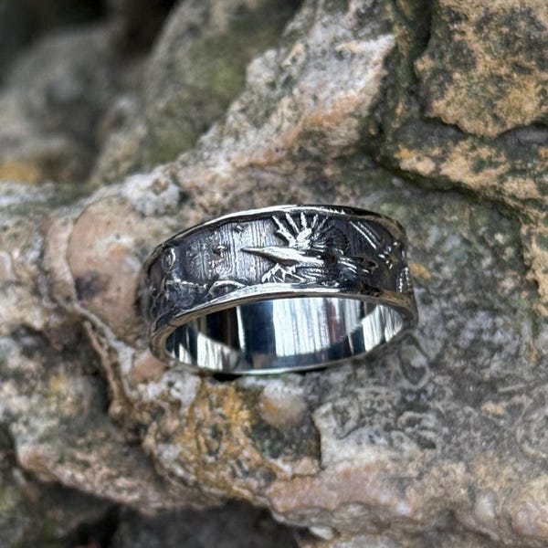 Cosmic Phoenix Rising Ring • Mountains, Trees & Saturn • Mythic Rebirth Jewelry • Silver/Gold/Bronze Band
