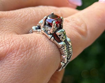 Gothic Skull Skeleton Ring with Gem – Dark Punk Ring for Men or Women, Memento mori ring, Skeleton Engagement Ring, Unique Gothic Jewelry