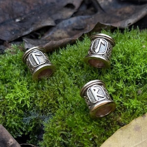 Bronze Viking Beard Beads with Futhark Runes - Dwarven Beard Ring, Asatru Celtic Jewelry, Norse Hair & Leather Bracelet Beads