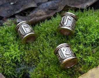 Bronze Viking Beard Beads with Futhark Runes - Dwarven Beard Ring, Asatru Celtic Jewelry, Norse Hair & Leather Bracelet Beads