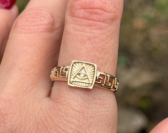Anillo masónico de oro de 14 quilates con el Ojo que todo lo ve y diamante - Joyería con símbolo masónico