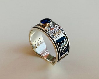 Handmade Ukrainian Trident Blue Enamel Tryzub Ring - Unique Ukraine Jewelry