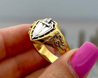 Shield and Sword Ring for Men – Templar Crusader Ring in 925 Sterling Silver – Medieval Knight Ring – Gothic Warrior Signet Ring