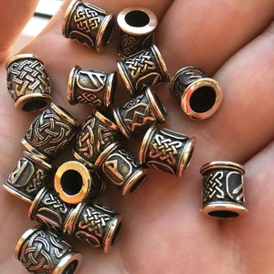 Bronze Viking Beard Beads with Futhark Runes - Dwarven Beard Ring, Asatru Celtic Jewelry, Norse Hair & Leather Bracelet Beads
