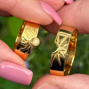 Sun and Moon Matching Wedding Ring Set – His and Hers Sterling Silver Engagement Rings – Celestial Promise 14k Gold Rings for Couples